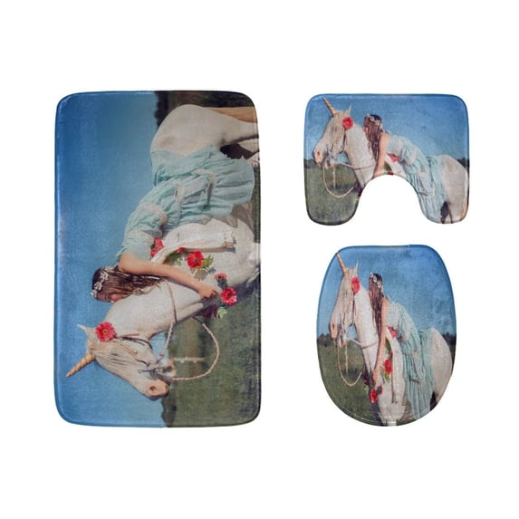 PUDMAD Girl Wreath Sit and Lean On White Horse Unicorn 3 Piece Bathroom Rugs Set Bath Rug Contour Mat and Toilet Lid Cover