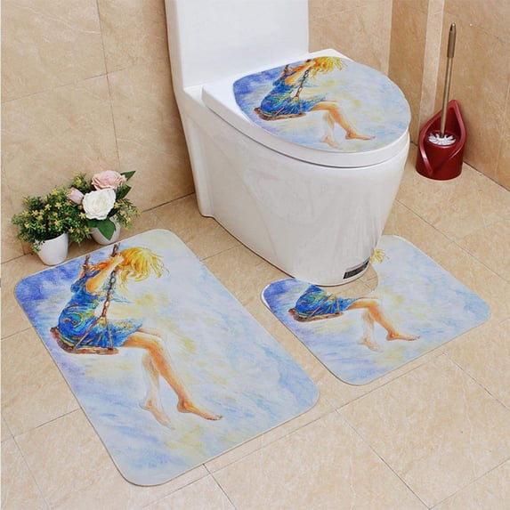 PUDMAD Girl a Swing 3 Piece Bathroom Rugs Set Bath Rug Contour Mat and Toilet Lid Cover