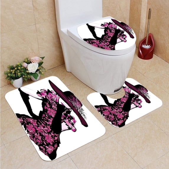 PUDMAD Girls Woman Figure Furry Hat Floral Dress Nostalgic Magazine Catwalk Look Feminine FUC 3 Piece Bathroom Rugs Set Bath Rug Contour Mat and Toilet Lid Cover