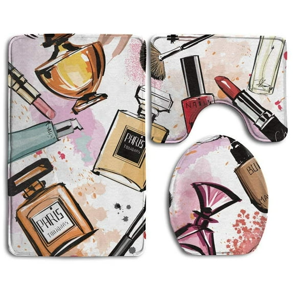 PUDMAD Girly Cosmetic Make Up Perfume Lipstick Nail Polish Brush Modern City 3 Piece Bathroom Rugs Set Bath Rug Contour Mat and Toilet Lid Cover
