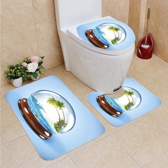 PUDMAD Glass Globe 3 Piece Bathroom Rugs Set Bath Rug Contour Mat and Toilet Lid Cover