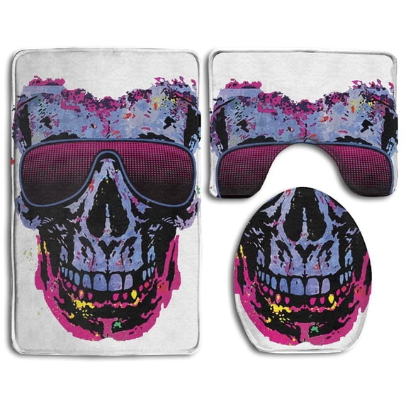 PUDMAD Goggles Skull 3 Piece Bathroom Rugs Set Bath Rug Contour Mat and Toilet Lid Cover