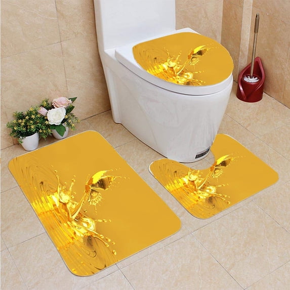 PUDMAD Gold Butterfly Splash 3 Piece Bathroom Rugs Set Bath Rug Contour Mat and Toilet Lid Cover