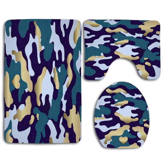 PUDMAD Gold Camo Blue 3 Piece Bathroom Rugs Set Bath Rug Contour Mat and Toilet Lid Cover