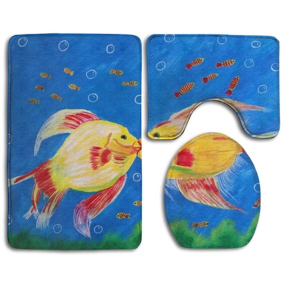 PUDMAD Gold Fish Love Kiss 3 Piece Bathroom Rugs Set Bath Rug Contour Mat and Toilet Lid Cover