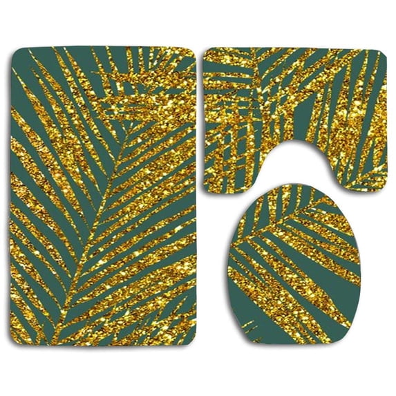 PUDMAD Gold Glitter Palm Leaves 3 Piece Bathroom Rugs Set Bath Rug Contour Mat and Toilet Lid Cover