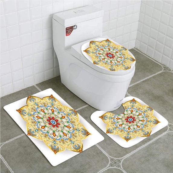 PUDMAD Gold Mandala Brooch Inspired Mandala Geometric Vintage Lively Figure Digital 3 Piece Bathroom Rugs Set Bath Rug Contour Mat and Toilet Lid Cover