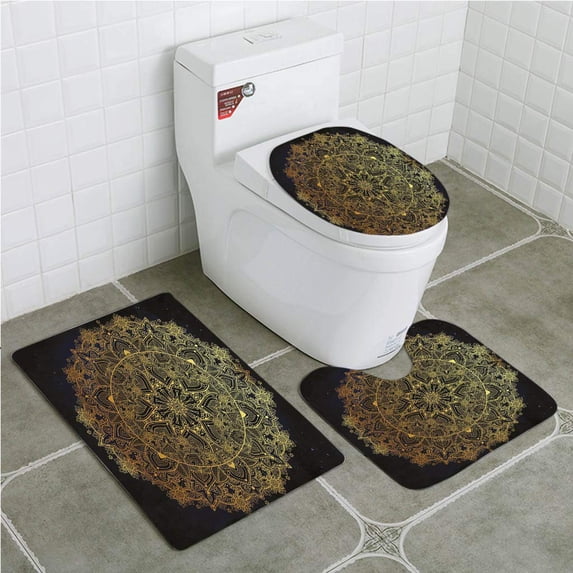PUDMAD Gold Mandala Ornate Paisley Round Lace Like Hand Drawn Abstract Decorative Retro 3 Piece Bathroom Rugs Set Bath Rug Contour Mat and Toilet Lid Cover