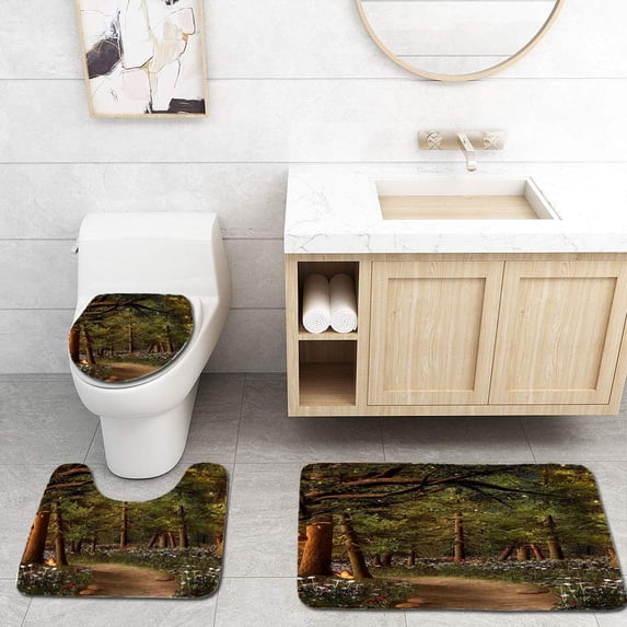 PUDMAD Gold Rays into Forest 3 Piece Bathroom Rugs Set Bath Rug Contour Mat and Toilet Lid Cover