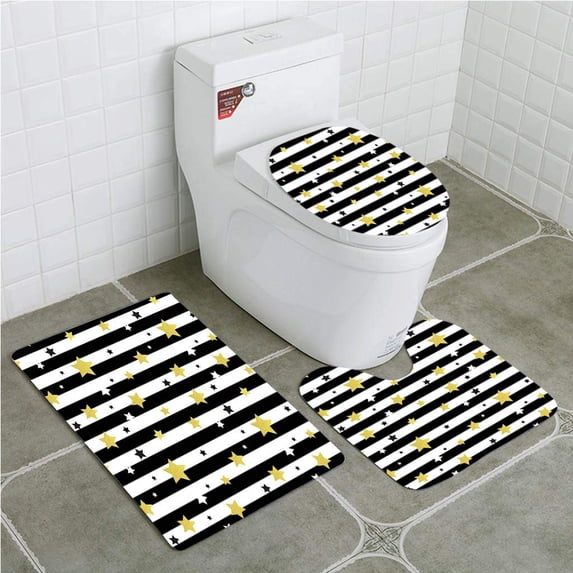 PUDMAD Gold and White Christmas Birthday Party Themed Stars on Stripes Lines Backdrop Black 3 Piece Bathroom Rugs Set Bath Rug Contour Mat and Toilet Lid Cover