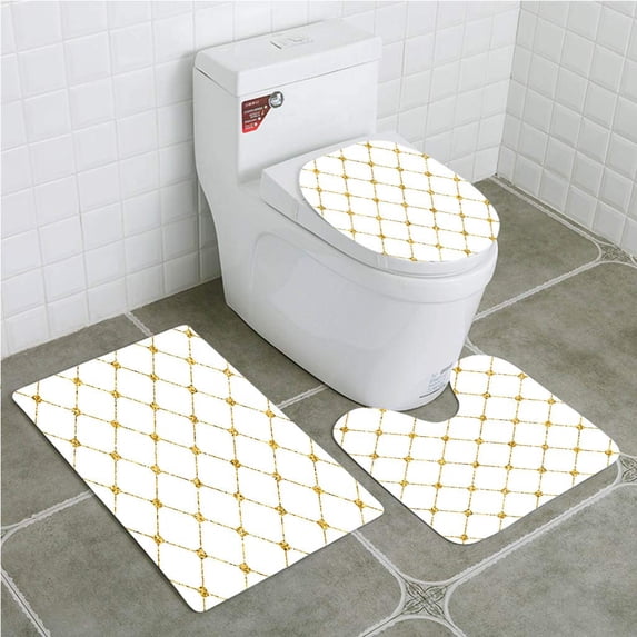 PUDMAD Gold and White Rhombus Abstract Rectangular Square Shaped Dots 3 Piece Bathroom Rugs Set Bath Rug Contour Mat and Toilet Lid Cover