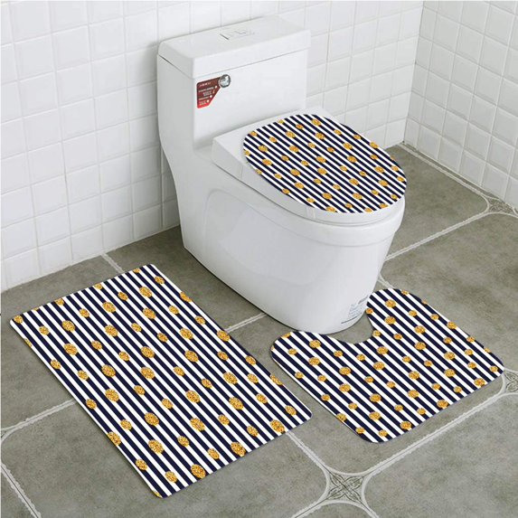 PUDMAD Gold and White Thin Horizontal Lines Circles Rounds Vintage Polka Dots 3 Piece Bathroom Rugs Set Bath Rug Contour Mat and Toilet Lid Cover