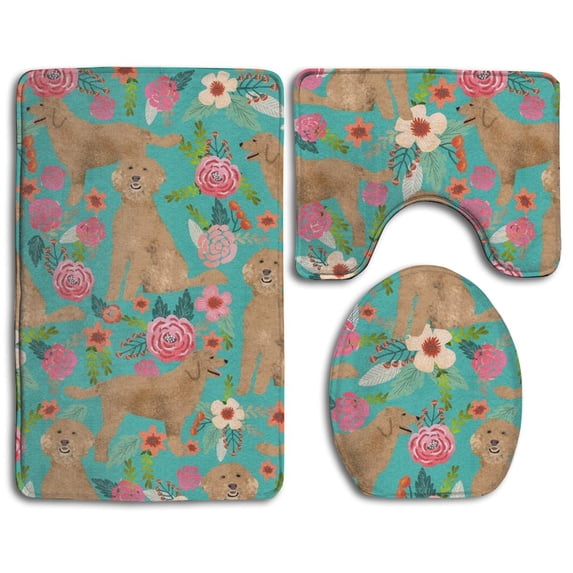 PUDMAD Golden Doodle Floral Dog 3 Piece Bathroom Rugs Set Bath Rug Contour Mat and Toilet Lid Cover