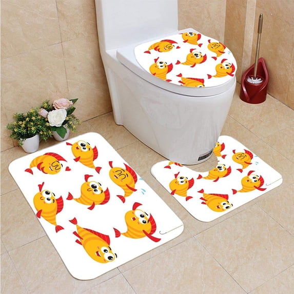 PUDMAD Golden Fish Characters Human face Showing Different Emotions 3 Piece Bathroom Rugs Set Bath Rug Contour Mat and Toilet Lid Cover