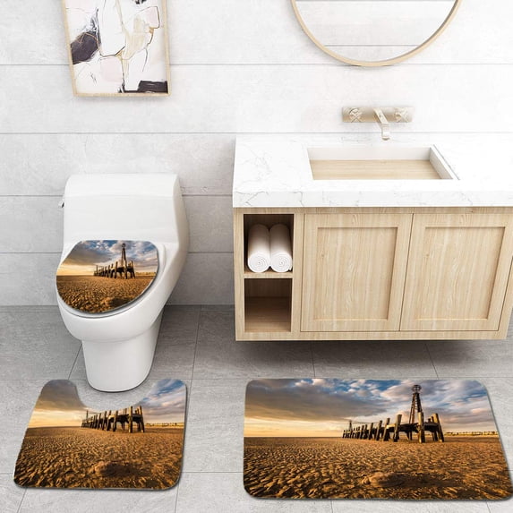 PUDMAD Golden Hour at A Beach Jellyfish and Old Pier 3 Piece Bathroom Rugs Set Bath Rug Contour Mat and Toilet Lid Cover