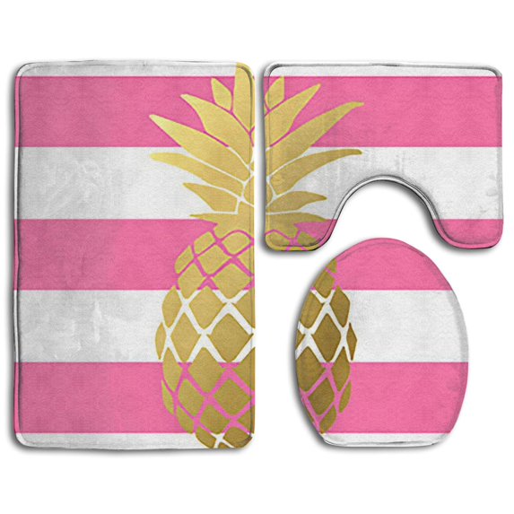 PUDMAD Golden Pineapple On Pink White Stripes 3 Piece Bathroom Rugs Set Bath Rug Contour Mat and Toilet Lid Cover