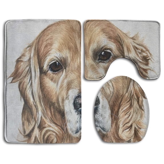 PUDMAD Golden Retriever Watercolor 3 Piece Bathroom Rugs Set Bath Rug Contour Mat and Toilet Lid Cover