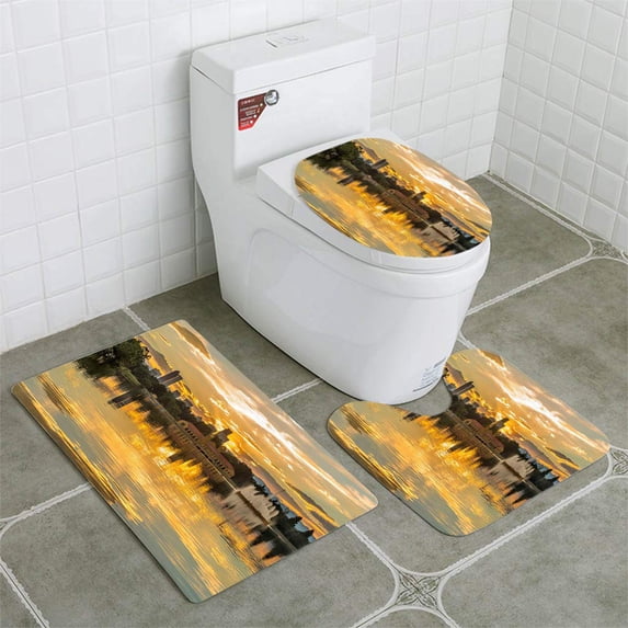 PUDMAD Golden Sunset at City Park 3 Piece Bathroom Rugs Set Bath Rug Contour Mat and Toilet Lid Cover