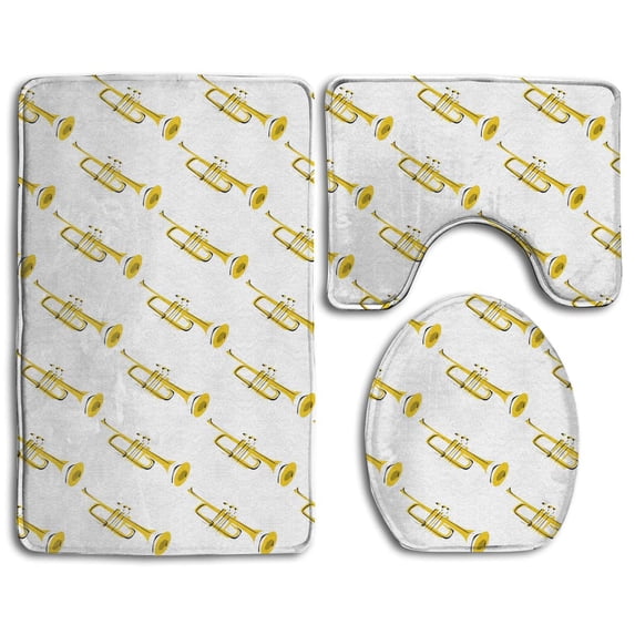 PUDMAD Golden Trumpet White 3 Piece Bathroom Rugs Set Bath Rug Contour Mat and Toilet Lid Cover