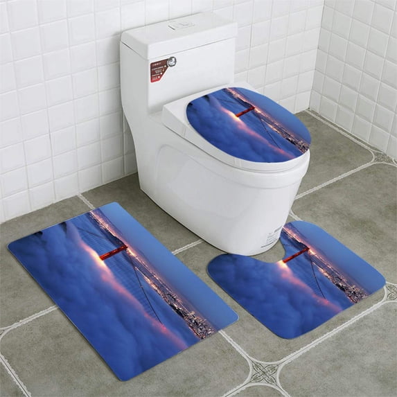 PUDMAD Golden gate Bridge Covered in Clouds 3 Piece Bathroom Rugs Set Bath Rug Contour Mat and Toilet Lid Cover
