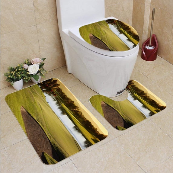 PUDMAD Golf Course Landscape at Sunrise 3 Piece Bathroom Rugs Set Bath Rug Contour Mat and Toilet Lid Cover