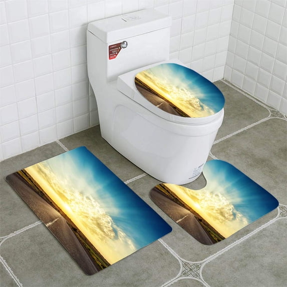 PUDMAD Good Sunset Over Asphalt Road 3 Piece Bathroom Rugs Set Bath Rug Contour Mat and Toilet Lid Cover