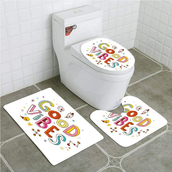 PUDMAD Good Vibes Colorful Cheerful Fun Typography Cartoon Style Kids Toddler Elements 3 Piece Bathroom Rugs Set Bath Rug Contour Mat and Toilet Lid Cover