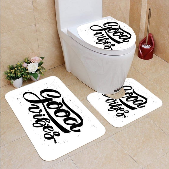 PUDMAD Good Vibes Hand Drawn Style Lettering Motivation Phrase Modern Artistic Grunge Look B 3 Piece Bathroom Rugs Set Bath Rug Contour Mat and Toilet Lid Cover