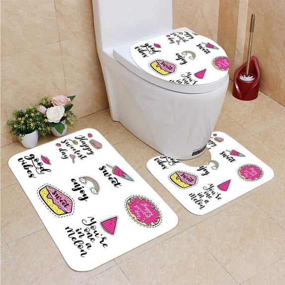 PUDMAD Good Vibes Happy Sweetest Day Enjoy Love Ice Cream Cake Donut Lips Watermelon Candies 3 Piece Bathroom Rugs Set Bath Rug Contour Mat and Toilet Lid Cover