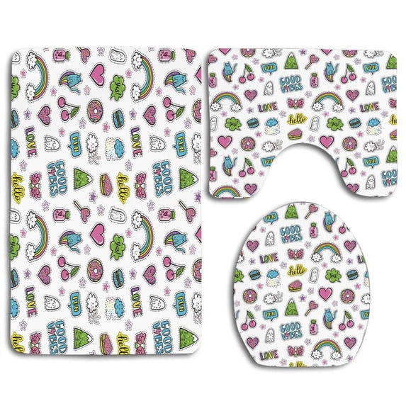 PUDMAD Good Vibes Vibrant Fun Funny Cute Characters Sweets Hearts Cats Rainbows Ghosts 3 Piece Bathroom Rugs Set Bath Rug Contour Mat and Toilet Lid Cover