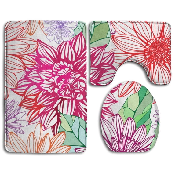 PUDMAD Gorgeous Fashion Flower 3 Piece Bathroom Rugs Set Bath Rug Contour Mat and Toilet Lid Cover