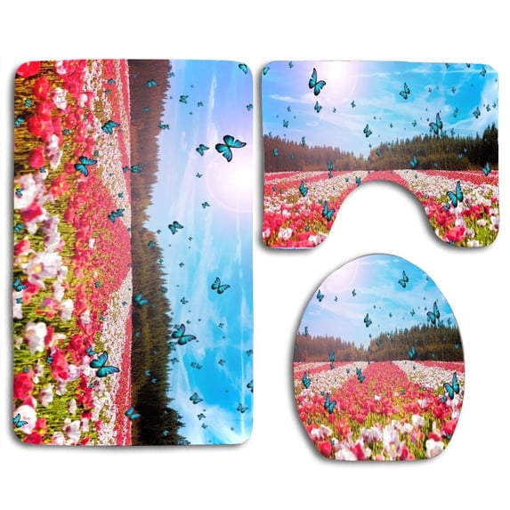 PUDMAD Gorgeous Spring Garden Flowers Butterflies 3 Piece Bathroom Rugs Set Bath Rug Contour Mat and Toilet Lid Cover