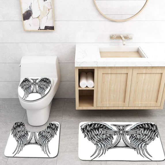 PUDMAD Gothic Heraldic Wing and Cross Belief Ancient Symbol Power Royalty Artistic 3 Piece Bathroom Rugs Set Bath Rug Contour Mat and Toilet Lid Cover