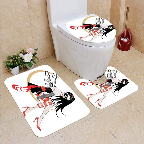 PUDMAD Gothic Stylish Girl Mask Wings Moon Luna Fantasy Artsy High Heals 3 Piece Bathroom Rugs Set Bath Rug Contour Mat and Toilet Lid Cover