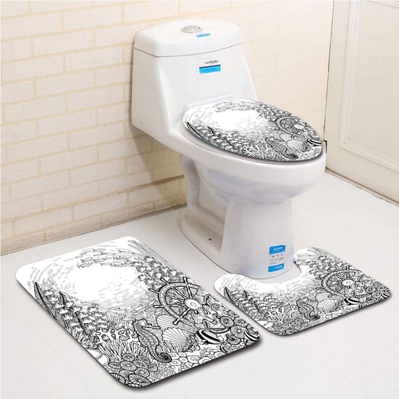 PUDMAD Graphic Coral Reef Sea Horse Ocean Fish Sunken Ship Line Art Drawing 3 Piece Bathroom Rugs Set Bath Rug Contour Mat and Toilet Lid Cover