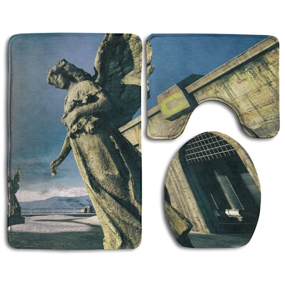 PUDMAD Gray Angel Statue 3 Piece Bathroom Rugs Set Bath Rug Contour Mat and Toilet Lid Cover