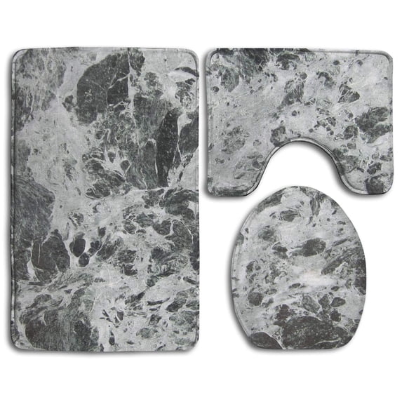 PUDMAD Gray and White Marble Texture 3 Piece Bathroom Rugs Set Bath Rug Contour Mat and Toilet Lid Cover