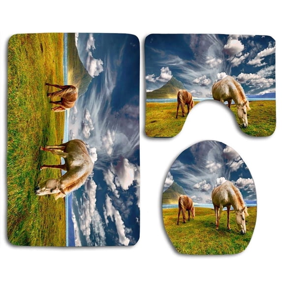 PUDMAD Grazing Horse 3 Piece Bathroom Rugs Set Bath Rug Contour Mat and Toilet Lid Cover