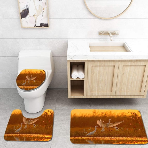 PUDMAD Great Egrets 3 Piece Bathroom Rugs Set Bath Rug Contour Mat and Toilet Lid Cover