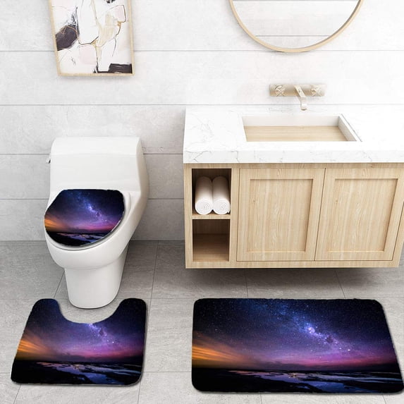 PUDMAD Great Ocean Road at Night Milky Way View 3 Piece Bathroom Rugs Set Bath Rug Contour Mat and Toilet Lid Cover