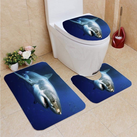 PUDMAD Great Shark 3 Piece Bathroom Rugs Set Bath Rug Contour Mat and Toilet Lid Cover
