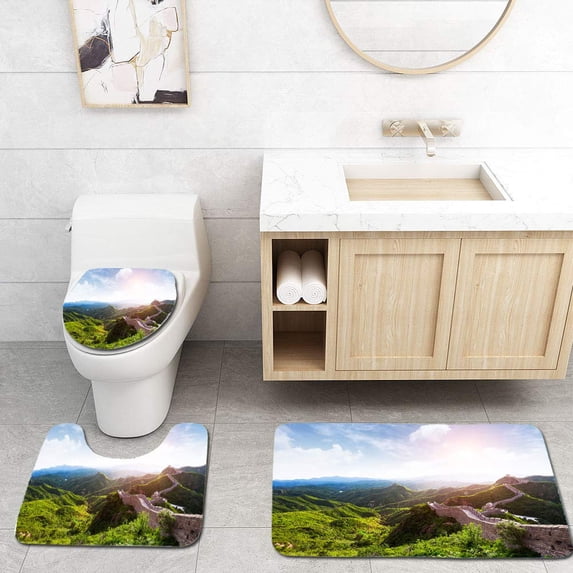PUDMAD Great Wall Under Sunshine During Sunset 3 Piece Bathroom Rugs Set Bath Rug Contour Mat and Toilet Lid Cover