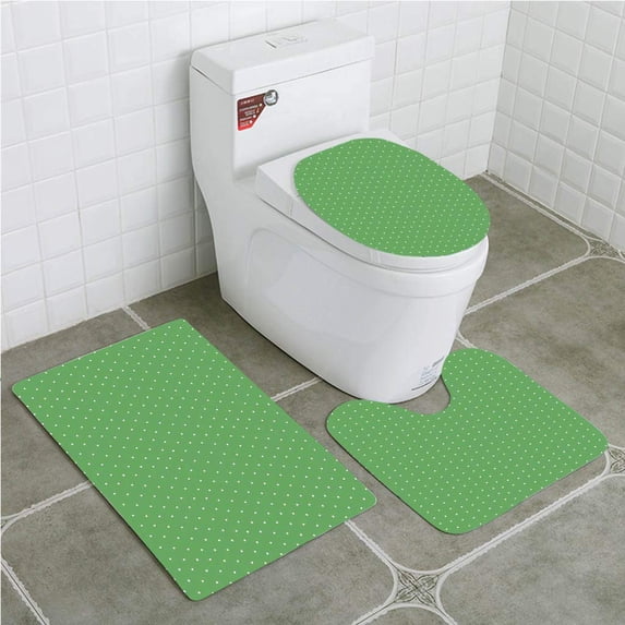 PUDMAD Green 50s 60s Style Retro Vintage Inspired Simple Little Polka Dots 3 Piece Bathroom Rugs Set Bath Rug Contour Mat and Toilet Lid Cover