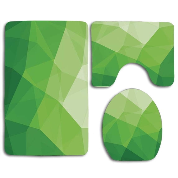 PUDMAD Green Abstract Triangle Fractal in Green Tones Mosaic Form 3 Piece Bathroom Rugs Set Bath Rug Contour Mat and Toilet Lid Cover