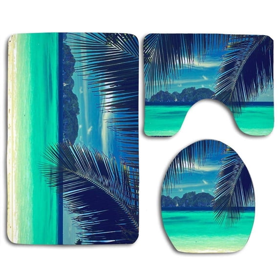PUDMAD Green Beach and Palm Tree 3 Piece Bathroom Rugs Set Bath Rug Contour Mat and Toilet Lid Cover