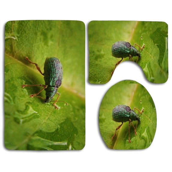 PUDMAD Green Bug On A Leaf 3 Piece Bathroom Rugs Set Bath Rug Contour Mat and Toilet Lid Cover