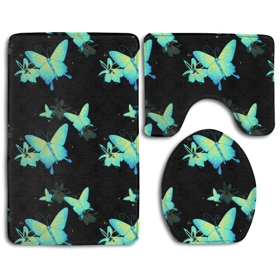 PUDMAD Green Butterfly 3 Piece Bathroom Rugs Set Bath Rug Contour Mat and Toilet Lid Cover