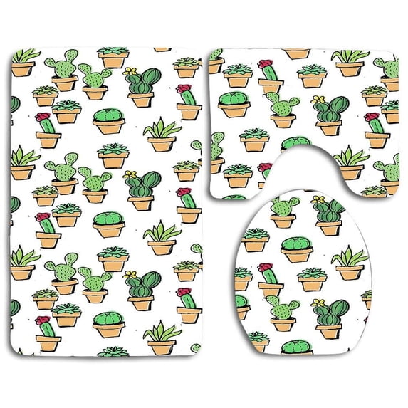 PUDMAD Green Cactus Cute 3 Piece Bathroom Rugs Set Bath Rug Contour Mat and Toilet Lid Cover