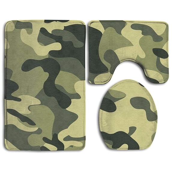PUDMAD Green Camo 3 Piece Bathroom Rugs Set Bath Rug Contour Mat and Toilet Lid Cover