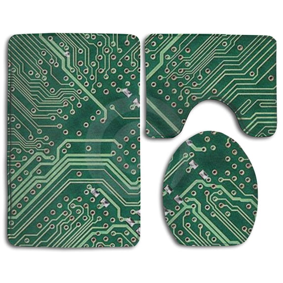 PUDMAD Green Circuit Board 3 Piece Bathroom Rugs Set Bath Rug Contour Mat and Toilet Lid Cover